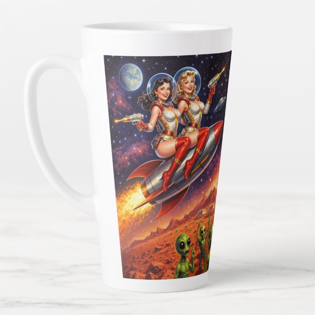 Rocket Girls vs. the Martian Menace Retro Sci-Fi Latte Mug (Left)