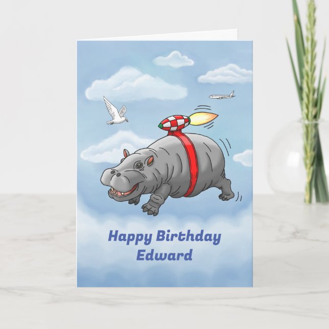 Rocket Hippo Birthday Card (Front)