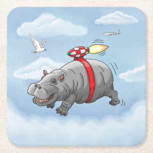 Rocket Hippo Birthday Square Paper Coaster