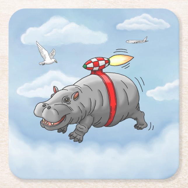Rocket Hippo Birthday Square Paper Coaster (Front)