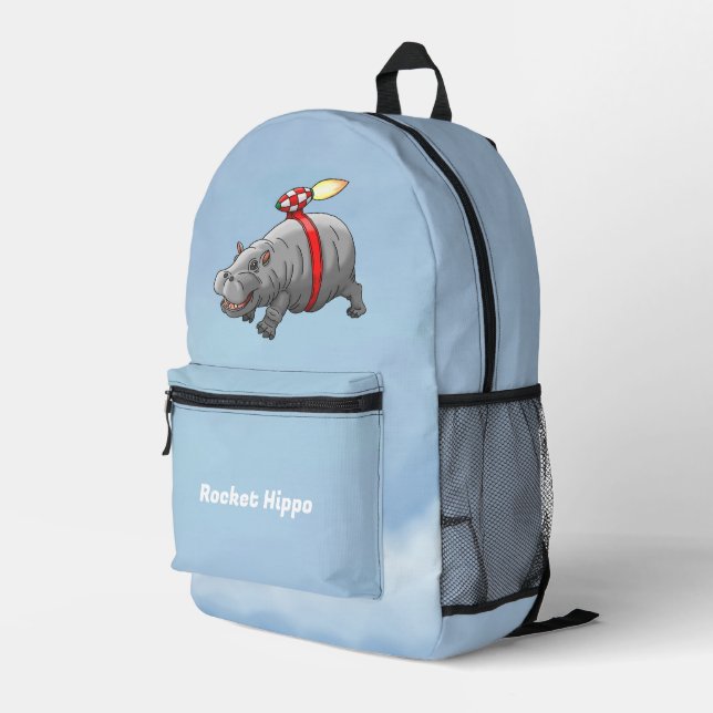 Rocket Hippo Printed Backpack (Back Corner Right)