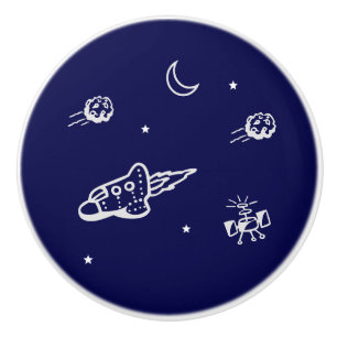 Rocket in Outer Space on Dark Blue Ceramic Knob