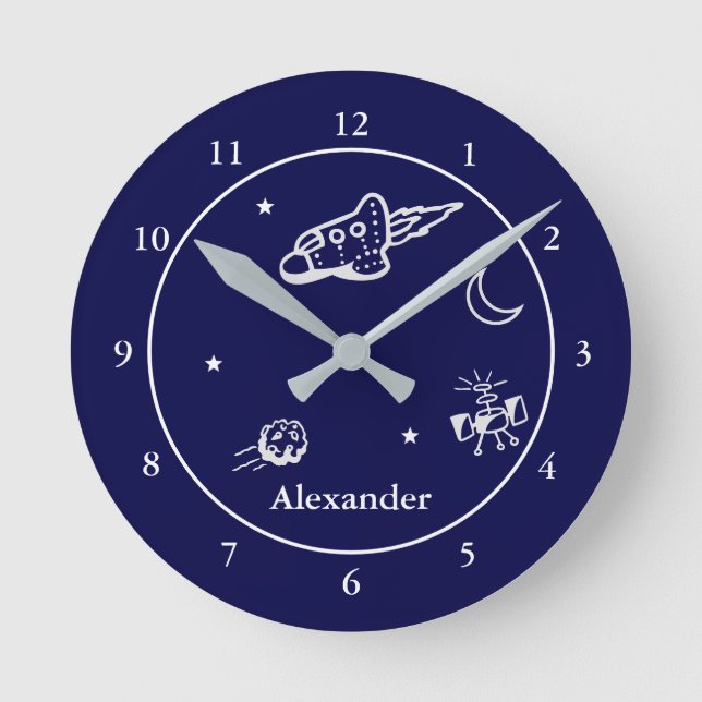 Rocket in Space Dark Blue and White with Name Round Clock (Front)