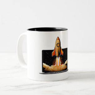 Rocket Launch Laptop Startup Entrepreneur Online B Two-Tone Coffee Mug