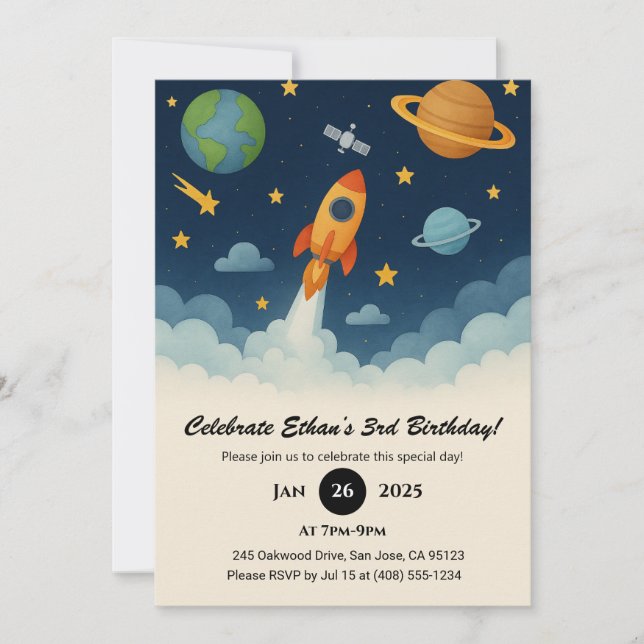 Rocket Launch & Planet Adventure Space Birthday  Invitation (Front)