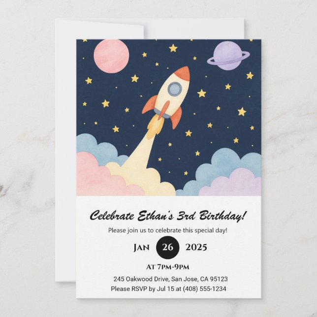 Rocket Launch & Starry Night Sky Birthday  Invitation (Front)
