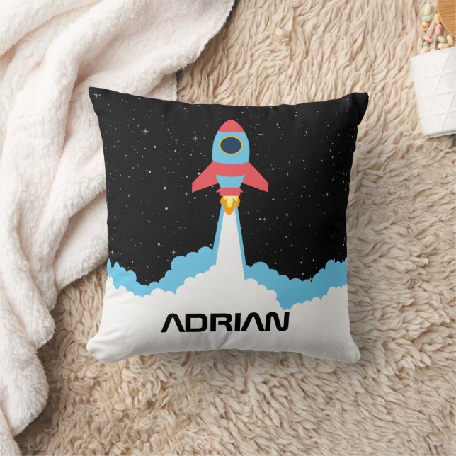 Rocket Launching in Outer Space Custom Name Cushion (Blanket)