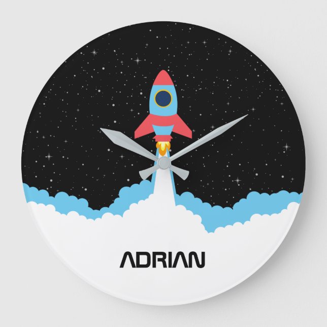 Rocket Launching in Outer Space Custom Name  Large Clock (Front)