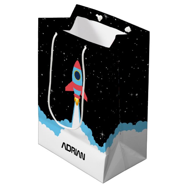 Rocket Launching in Outer Space Custom Name Medium Gift Bag (Front Angled)