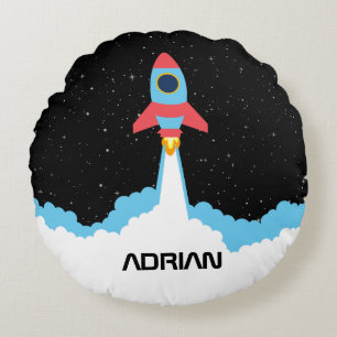 Rocket Launching in Outer Space Custom Name Round Cushion
