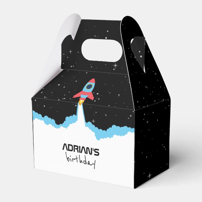 Rocket Launching in Outer Space Kids Birthday Favour Box (Front Side)