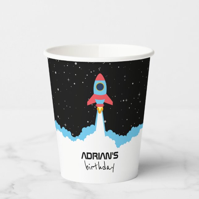 Rocket Launching in Outer Space Kids Birthday Paper Cups (Left)