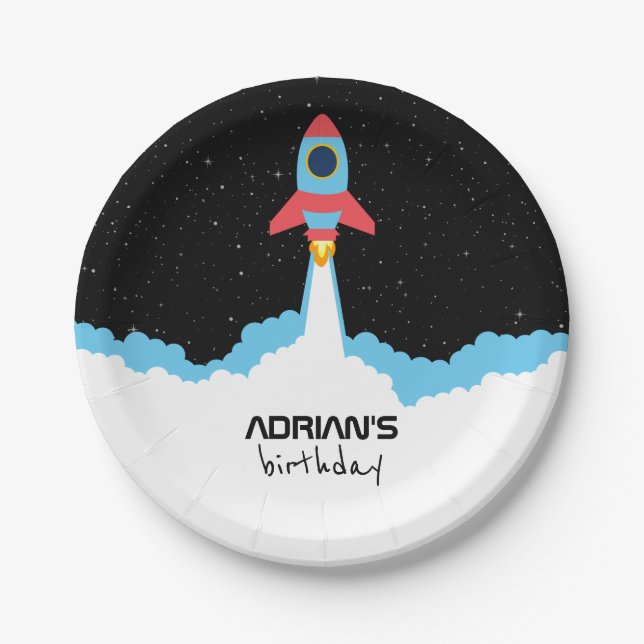 Rocket Launching in Outer Space Kids Birthday Paper Plate (Front)