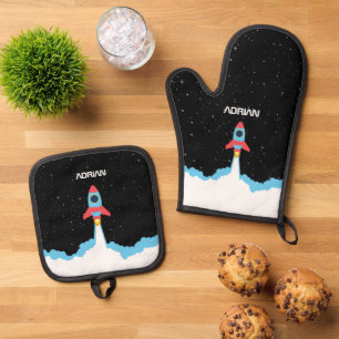 Rocket Launching in Outer Space Kids Oven Mitt & Pot Holder Set