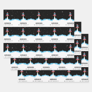 Rocket Launching in Outer Space Name Birthday Wrapping Paper Sheet