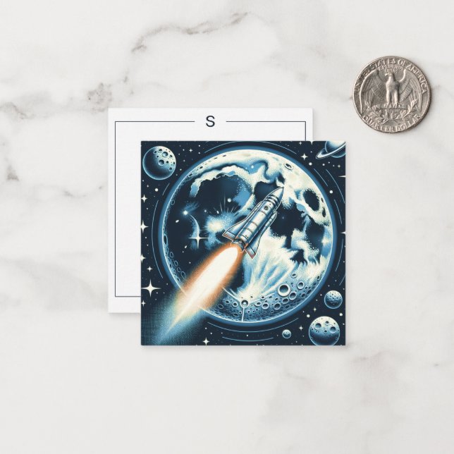 Rocket Moon Space Monogram Flat Note Card (Front/Back In Situ)