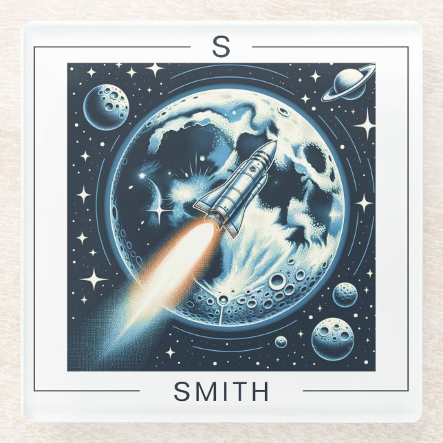 Rocket Moon Space  Monogram  Glass Coaster (Front)