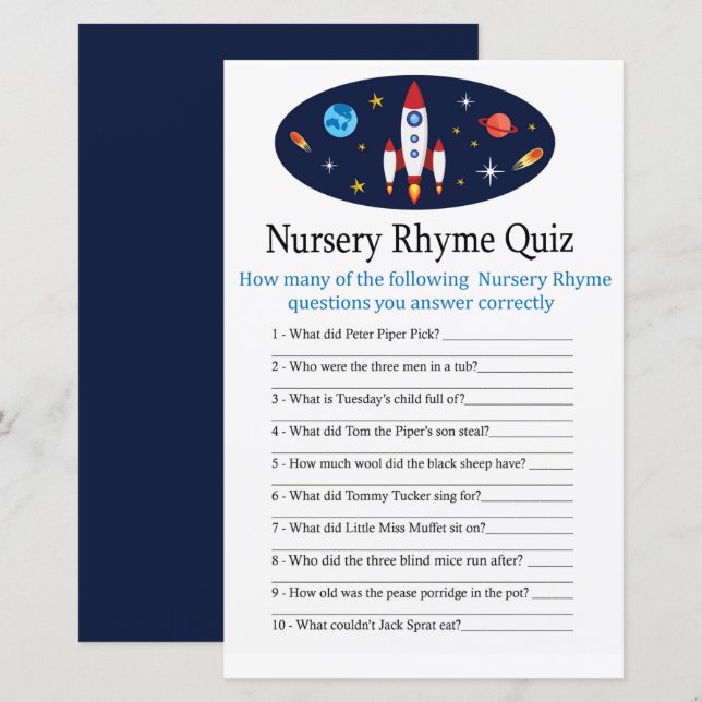 Rocket Nursery Rhyme Quiz baby shower game (Front/Back)