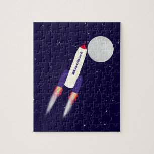 Rocket of Red White and Blue in Space Cartoon Art Jigsaw Puzzle