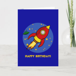 Rocket red yellow Blue Birthday Card