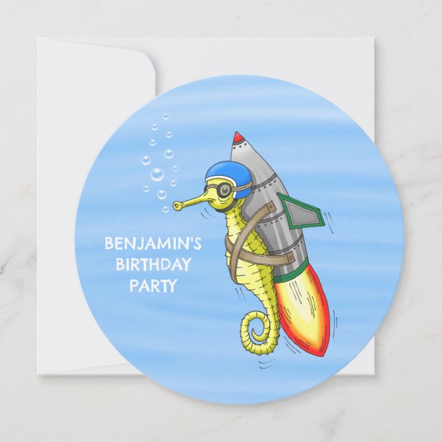 Rocket Seahorse Birthday Invitation (Front)