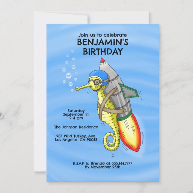 Rocket Seahorse Birthday Invitation (Front)