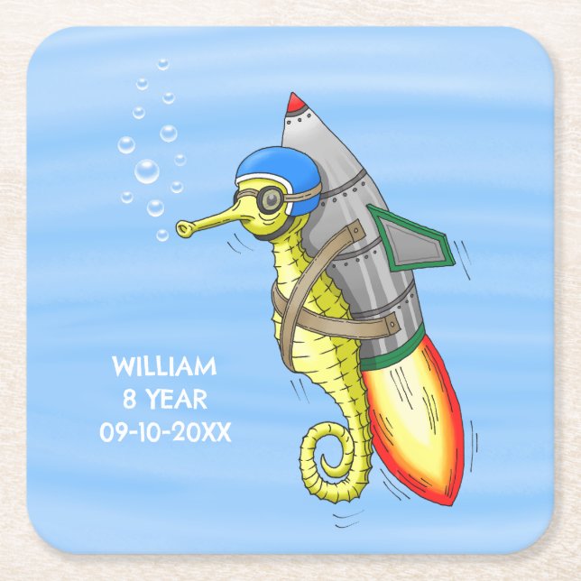 Rocket Seahorse Square Paper Coaster (Front)