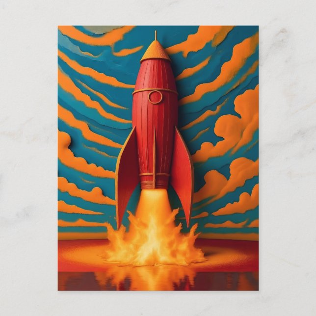 Rocket Ship: 1950s inspired  Holiday Postcard (Front)