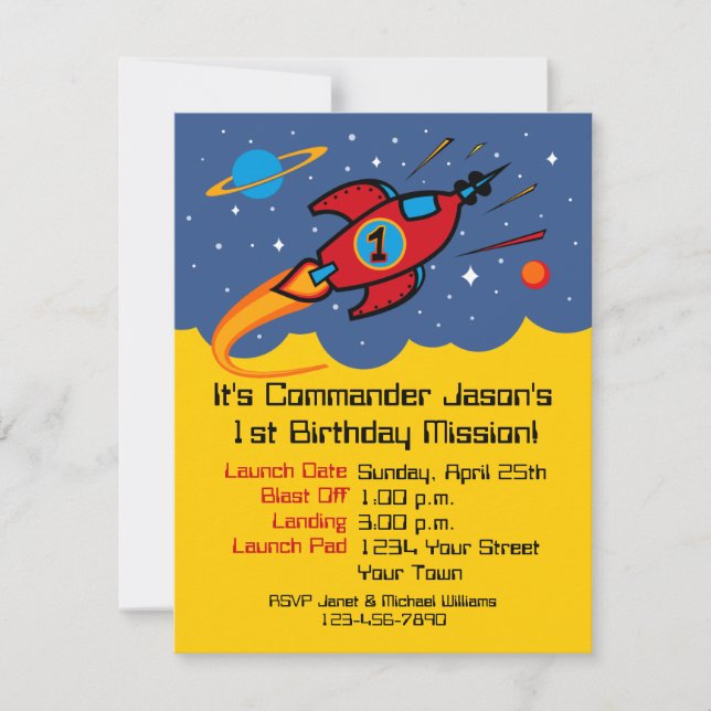 Rocket Ship 1st Birthday Custom Invitations (Front)