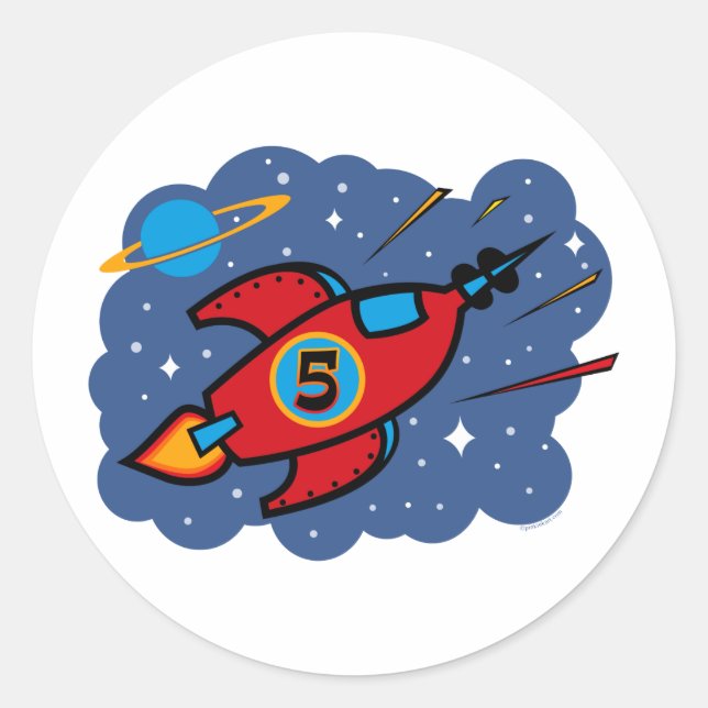 Rocket Ship 5th Birthday Classic Round Sticker (Front)