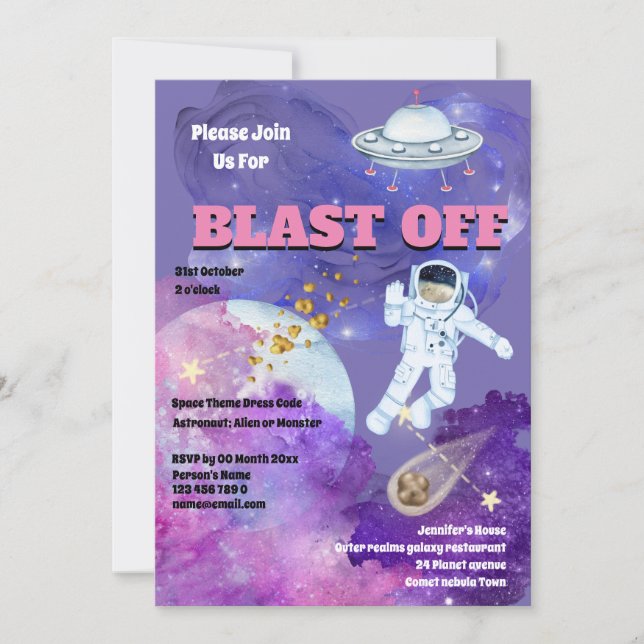 Rocket ship astronaut pink purple girls space  invitation (Front)