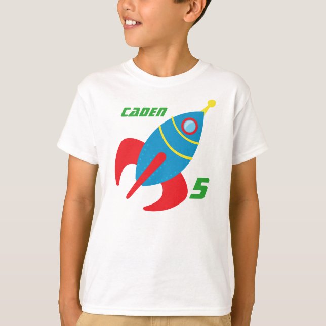 Rocket Ship Birthday Boy Personalised Kids T-Shirt (Front)
