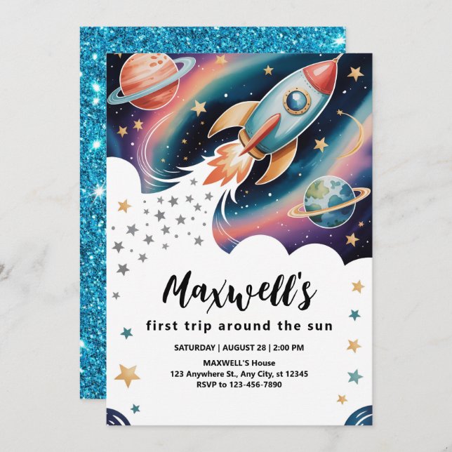 Rocket Ship Birthday Invitation (Front/Back)