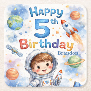 Rocket ship birthday Space Planets Boy Stars Square Paper Coaster