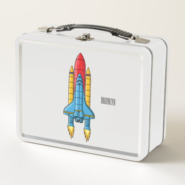 Rocket ship cartoon illustration  metal lunch box (Front)