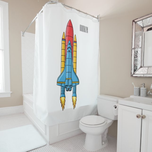 Rocket ship cartoon illustration shower curtain (In Situ)