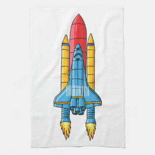 Rocket ship cartoon illustration tea towel
