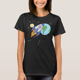 Rocket Ship Flying Across Space Between Earth And T-Shirt