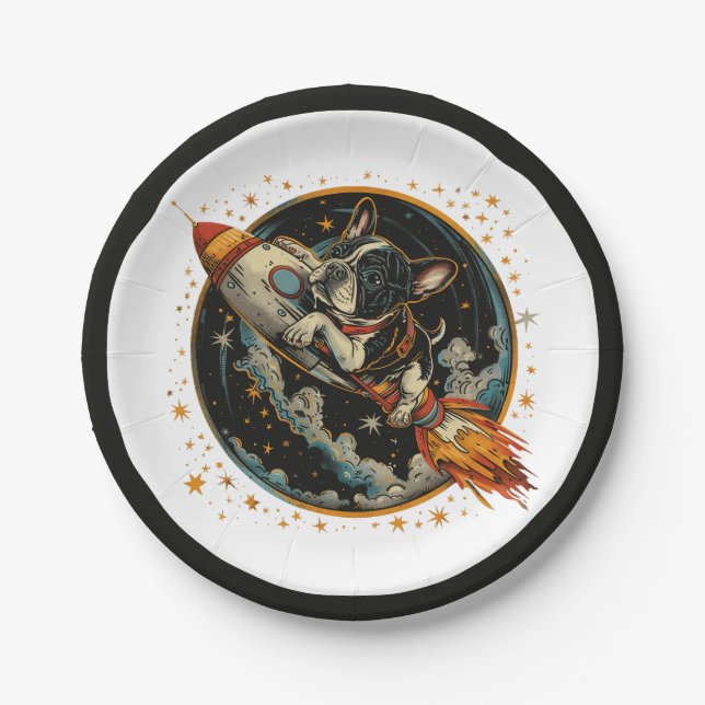 Rocket Ship French Bulldog Astronaut Paper Plate (Front)