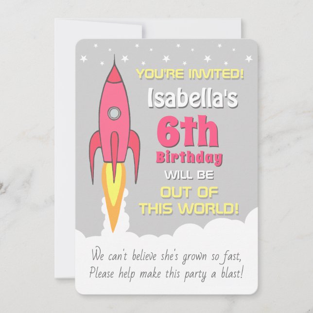 Rocket Ship Girls Outer Space Birthday Invitation (Front)