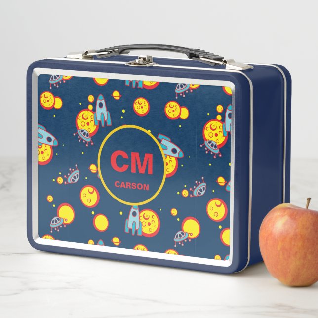 Rocket Ship in Space Navy Blue Monogrammed Boy's Metal Lunch Box (In Situ)