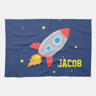 Rocket Ship, Outer Space, For Boys Tea Towel