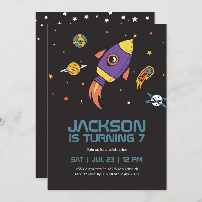 Rocket Ship Outer Space Galaxy Kids Birthday Invitation (Front/Back)