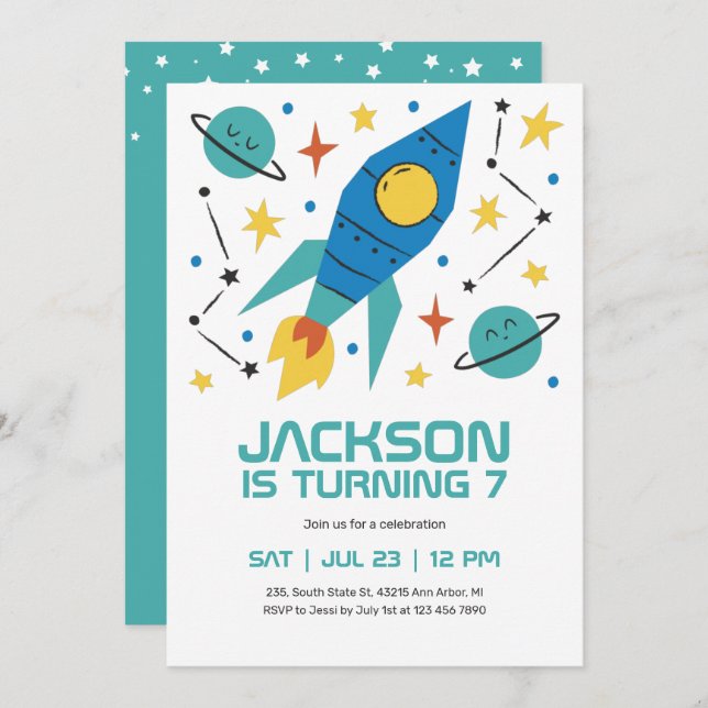 Rocket Ship Outer Space Party Kids Birthday Invitation (Front/Back)