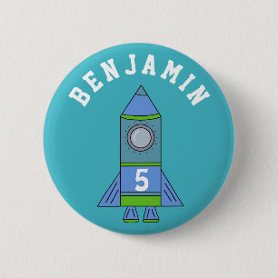 Rocket Ship Personalizable Blue Birthday 6 Cm Round Badge