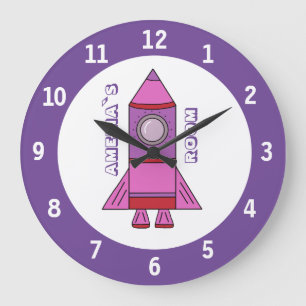 Rocket Ship Purple Space Wall Clock with Name