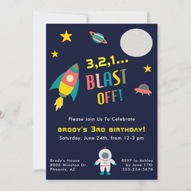 Rocket Ship Space Themed Birthday Party Invitation (Front)