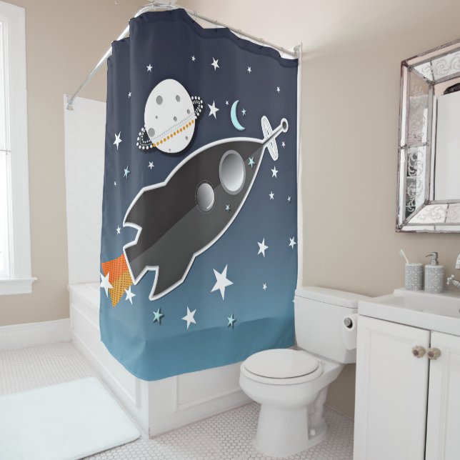 Rocket Ship Spaceship Blue and Orange Whimsical Shower Curtain (In Situ)