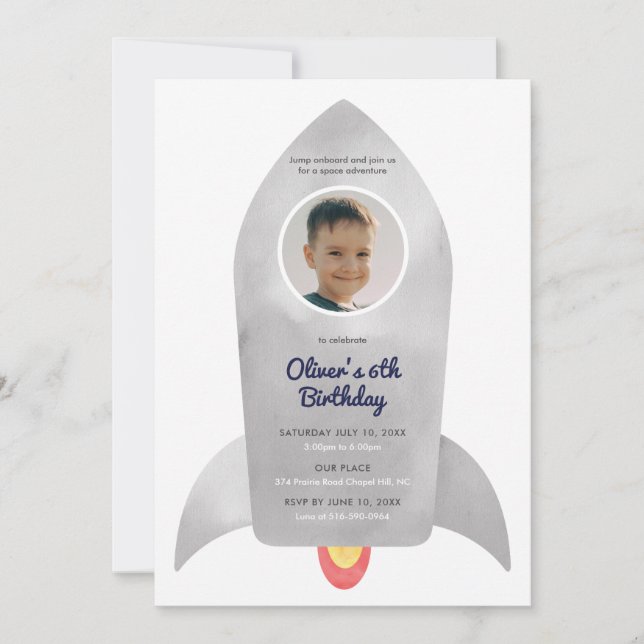 Rocket Ship Spaceship Kid's Birthday Invitation (Front)
