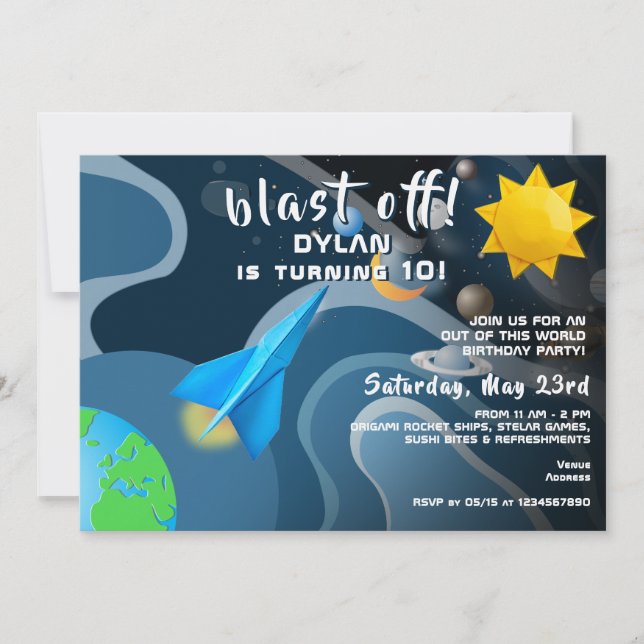 Rocket Ship Stars Outer Space Origami Birthday Invitation (Front)